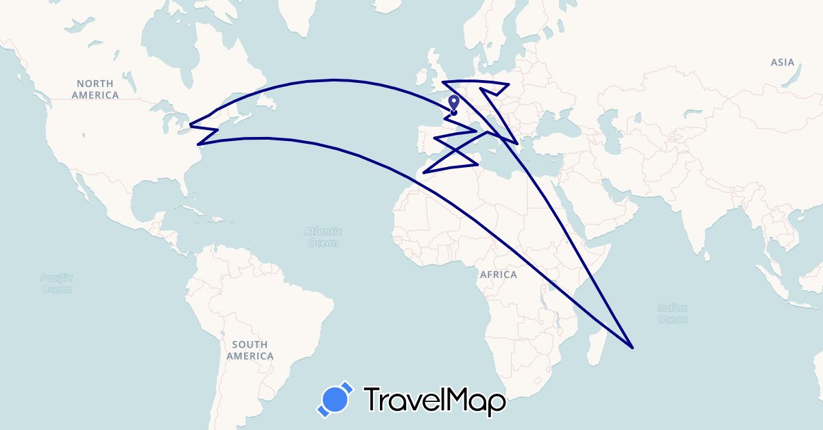TravelMap itinerary: driving in Canada, Czech Republic, Germany, Spain, France, United Kingdom, Greece, Italy, Morocco, Mauritius, Poland, Tunisia, United States (Africa, Europe, North America)